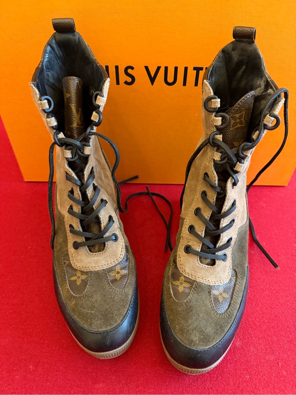 Louis Vuitton Men's Olive and Brown Suede Lace-Up Ankle Boots